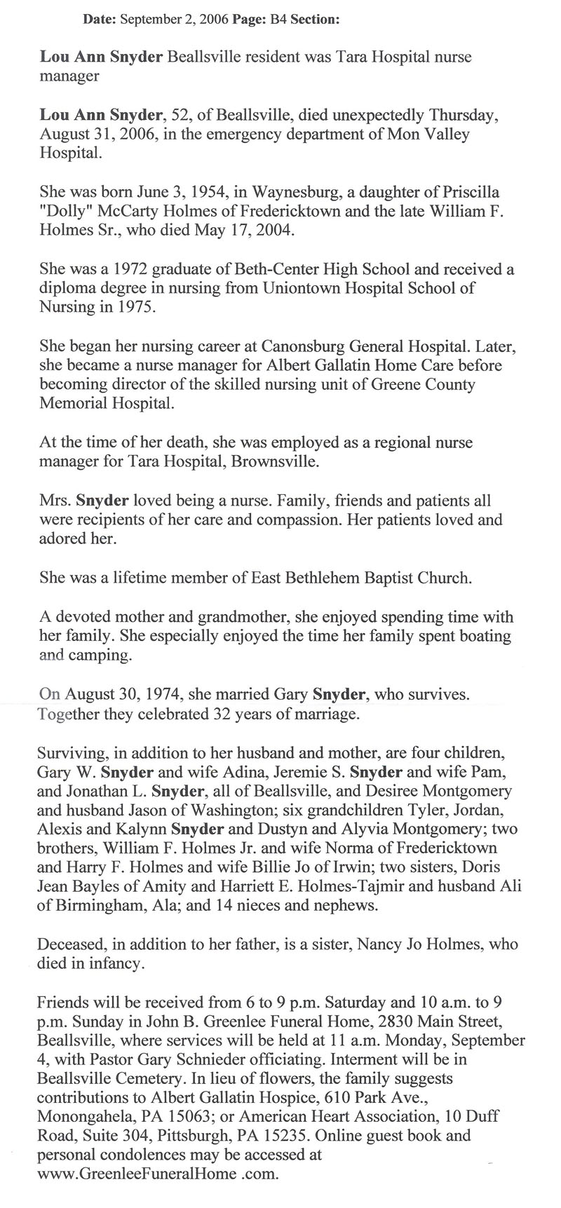 Lou Ann Snyder obit